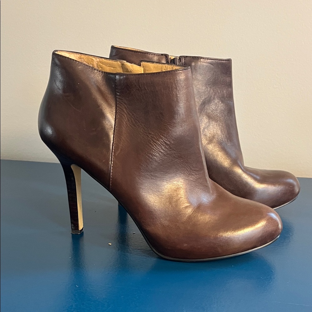 Nine West Dark Brown Leather Heeled Ankle Boots